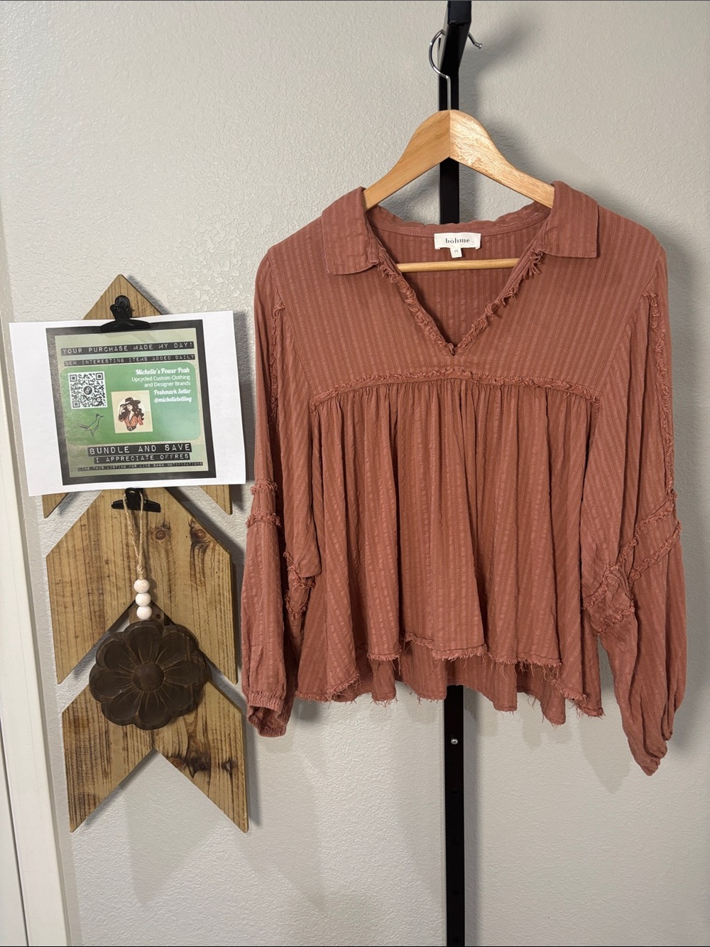 bohme Rust-Tone Textured Peasant Tunic raw hems szM